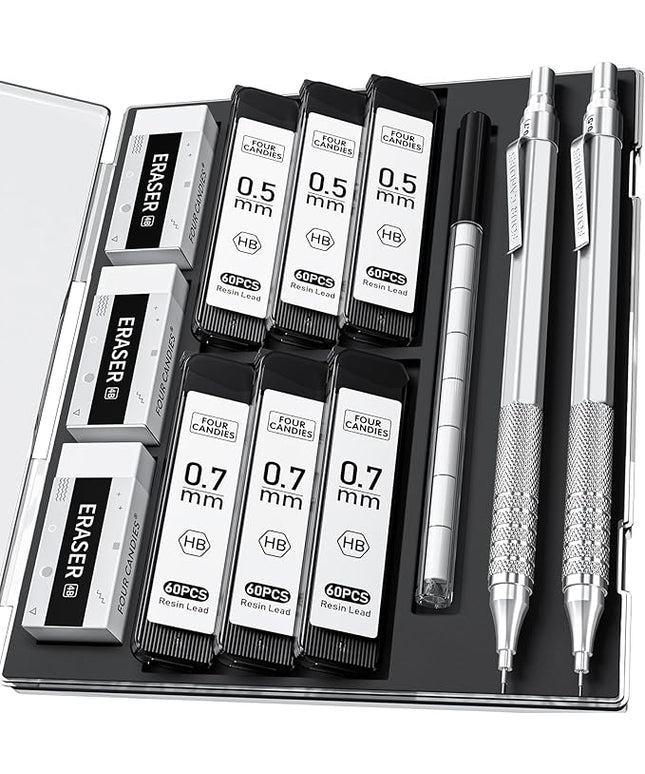 Four Candies 2PCS Metal Mechanical Pencils Set with Case, 0.5mm & 0.7 mm Artist Pencil with 6 Tubes (360PCS) HB Lead Refills, 3 Erasers,9 Eraser Refills For Writing Drafting, Drawing, Silver