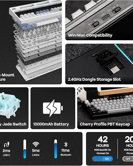 EPOMAKER TH108 PRO Full Size Mechanical Keyboard with Screen & Knob, Wireless Gaming Keyboard with 10000mAh, Creamy Gasket, Hot Swap, Custom Driver, RGB Backlight (Black, Creamy Jade)