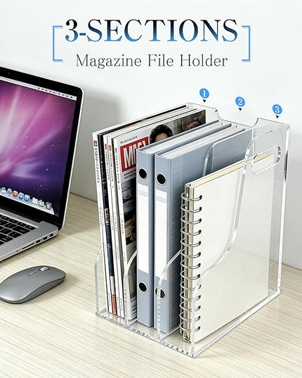 3-Tier Clear Acrylic File Holder, Vertical Document Organizer for Magazines, Binders, Notebooks & Envelopes - Multi-Purpose Desk Storage for Home Office（A4,3 Sections）