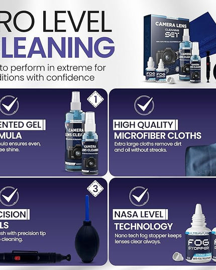 ULTRAVUE’s Ultimate Camera Lens Cleaning Kit –Camera Lens Cleaner, Lens Pen, Fog Stopper, and Microfiber Cloths - Camera Cleaning Kit - Lens Blower for DSLR & Digital Camera Accessories Camera Kit