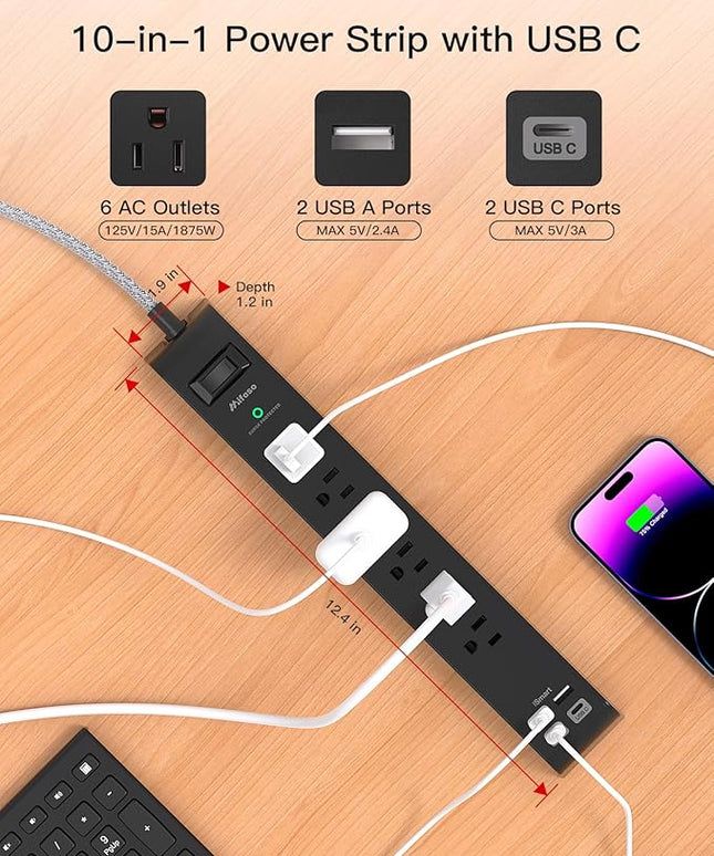 2 Pack Surge Protector Power Strip, 6 Outlets 4 USB Charging Ports, 12Ft Braided Extension Cord, Slim Flat Plug, Wall Mount, Desk Accessories, Home Office Essentials