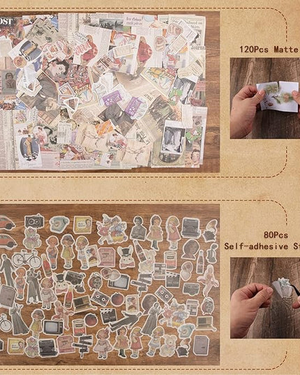 200Pcs Vintage Scrapbook Stickers, Aesthetic Junk Journal Stamping Supplies Kit, Scrapbooking Ephemera Washi Paper for Bullet Journaling Planners Diary Collage (Nostalgic)