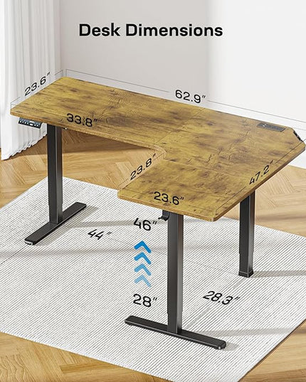 HUANUO 63″ Dual Motor L-Shaped Standing Desk, Built-in Power Outlets, Electric Height Adjustable Corner Computer Desk, Large Power Strip Holder, Sit Stand Up Desk with 3 Preset Heights, Vintage Brown