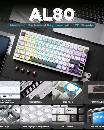 YUNZII AL80 Wireless Mechanical Keyboard,Full Aluminum CNC, Smart LCD Display,Hot Swappable Gasket Mount 75% Layout with Knob,BT/2.4G/USB-C,QMK/VIA Support for Win/Mac (Silver, Cocoa Cream V2 Switch)