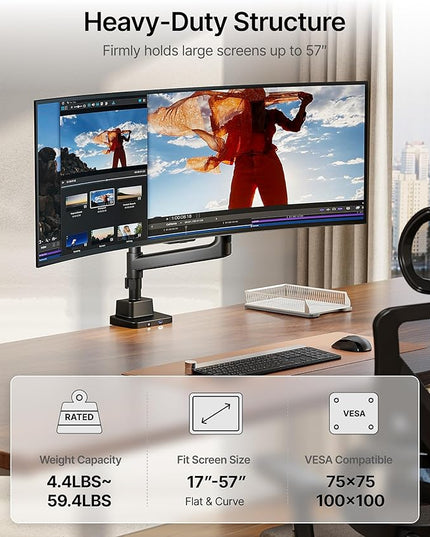 monTEK Heavy-Duty Single Monitor Arm for 17-57 inch, up to 59.4lbs Ultrawide Screens,Gas Spring Dual Curved Adjustable Monitor Stand for Desk,75/100mm VESA Mount with USB，Black