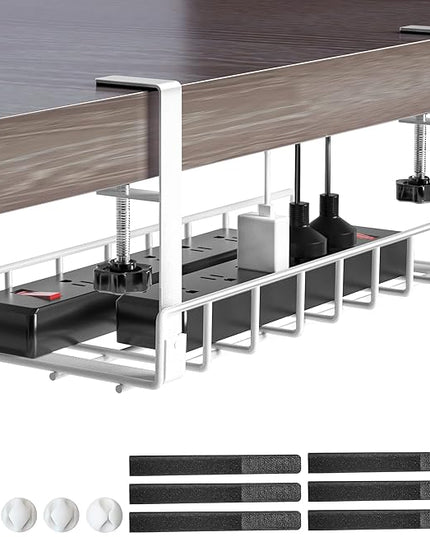 Under Desk Cable Management Tray, Xpatee Upgraded Wire Management No Drill No Screws, Cable Tray with Clamp for Wire Organizers, Computer Cord Rack for Office, Home - No Damage to Desk White