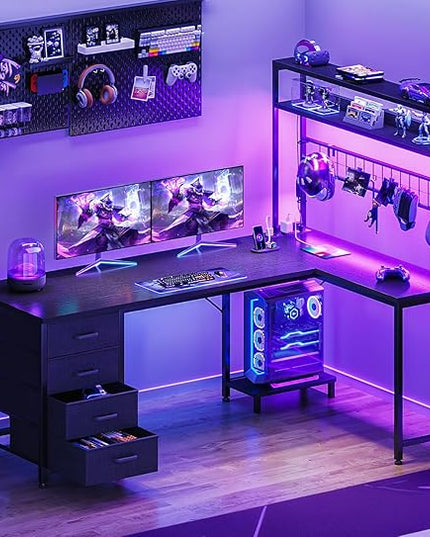 AODK L Shaped Gaming Desk with 4 Drawers, 59" Reversible Computer Desk with Hutch and Shelves, Gamer Desk with LED Lights, Power Outlets, Home Office Corner Desk with Gird Pegboard, Black