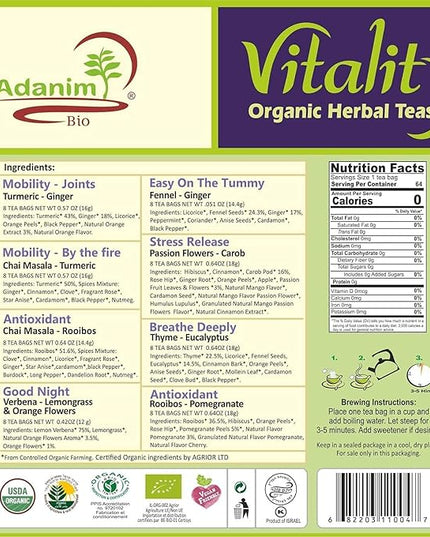 Adanim Bio Vitality Organic Herbal Tea Sampler Gift Set Caffeine Free 8 Flavors Variety Pack 64 Individually Wrapped Tea Bags for Gifting