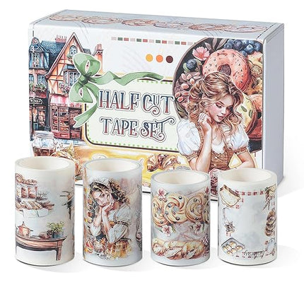 Snycler Pre-Cut Oatmeal Rhyme Themed PET Washi Tapes - Vintage Aesthetic Tape Stickers for Journaling, Scrapbooking, Junk Journals, Crafts, Planners - 4 Rolls