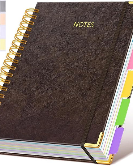 Hardcover Spiral Notebook Journal with Removable Dividers Tabs, 300 Pages Leather 5 Subject Notebook College Ruled, 8"x10" Large B5 Notebooks for Work School Note taking, Lined Journal for Men,Brown
