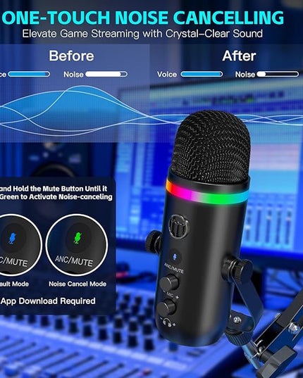 ZealSound Podcast Microphone for PC/Mac/iPhone – USB Studio Mic with Noise Cancellation, RGB Lighting, Mute, Gain, Monitoring & Echo, Boom Arm & Pop Filter, Streaming, Recording, TikTok, YouTube