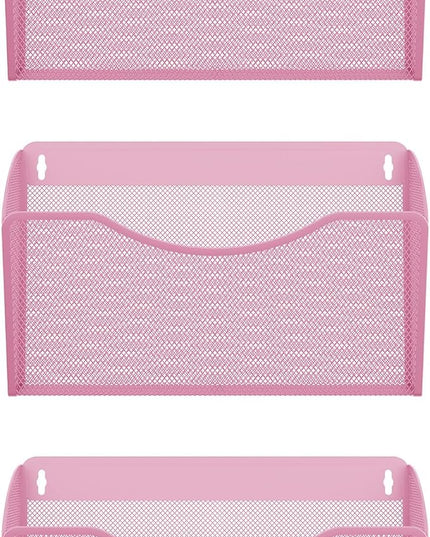 EasyPAG 3 Single Pocket Wall File Organizer, Mesh Hanging File Folder Organizer for Letter/A4 Size Folders, Wall Mounted Vertical Mail Holder for Paperwork, Office, Home, School, Pink