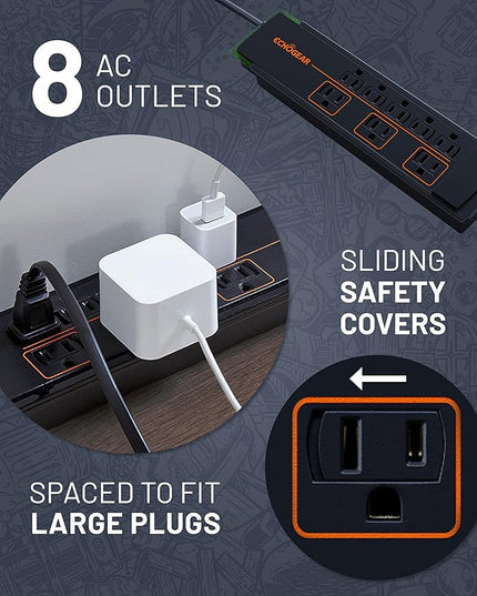 ECHOGEAR ShockBlocker 8 Outlet Surge Protector Power Strip - Slim Design Can Power & Protect Your Entire TV, Office, Or Gaming Setup - Advanced Surge Suppressor with 3420 Joules of Protection