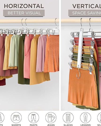 MORALVE Skirt Hangers Space Saving with Clips - 2 Pack - European Beechwood 5-Tier Hanger for Shorts, Skirts, and Pants - Closet Organizer and Storage Solution for Women with 360° Swivel Hook