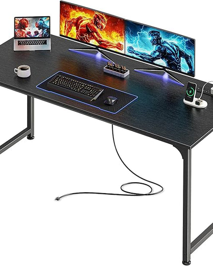 PRAISUN 54 X 20 Inch Office Computer Desk with Power Outlets and USB-C Port, Larger and Longer Gaming Desk, for Home Office, Study, Bedroom, Writing Work from Home Table, Metal Frame, Black