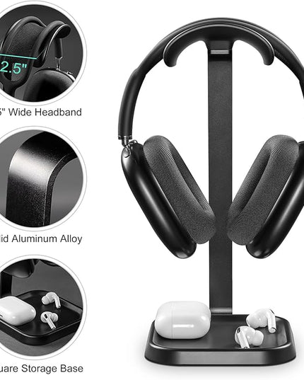 QinCoon Headphone Stand, Curved Headset Stand with Storage Tray, Gaming Headset Holder for AirPods Max, AirPods Max 2, AirPods, AirPods Pro, Beats, Bose, Sony and More (Black)