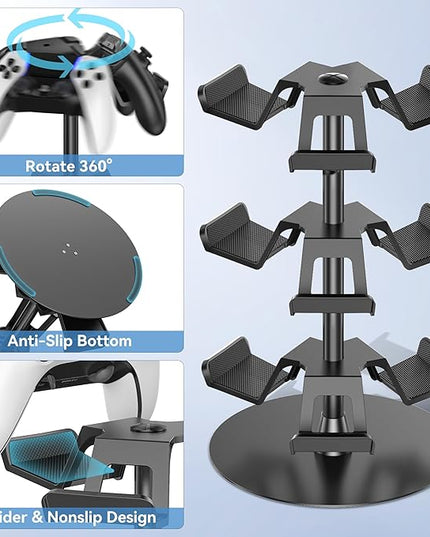 Headset Stand 3 Tiers for Desk, Rotatable Gaming Controller Stand for PS5/PS4/Xbox/Switch2/PS Portal/Phone, Universal PC Gamer Gift Accessory Controller/Headphone Holder for 9 Packs Controller