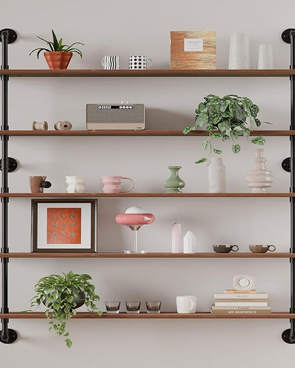 Floating Shelves for Wall Bookshelf Industrial Pipe Shelving Shelves 48 Inch 5 Tier Natural Wood Planks Rustic Wall Shelves Hanging Bookshelves Farmhouse Kitchen Shelving