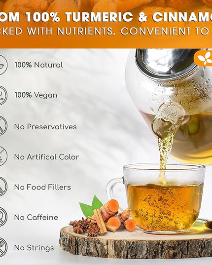 FreshDrinkUS, Premium 135 Turmeric Cinnamon Tea Bags, 100% Natural, Blend of Turmeric, and Cinnamon. Made with Natural Material Tea Bags. No Sugar. No Caffeine. Vegan.