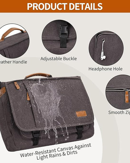 ESTARER Men Messenger Bag 17-17.3 Inch Laptop Bag Water-resistant Canvas Computer Shoulder Bag Briefcase for Work College Travel, Grey