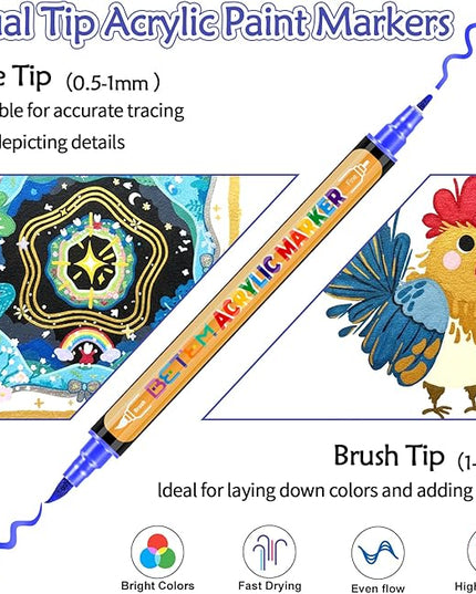 Betem 30 Metallic Acrylic Paint Markers, Dual Tip Acrylic Paint Pens with Brush Tip and Fine Tip, Art Supplies for Rock Painting, Wood, Stone, Glass, Ceramic, DIY Crafts Making Drawing Kit