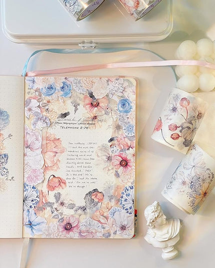 WT Frostbloom Wide PET Tape, Single Roll, Original Floral Designs, Winter Flowers, Clear Transparent Adhesive Tape for Junk Journals, Scrapbooks, Bujo, Planners, DIY Crafts, Art Stationery