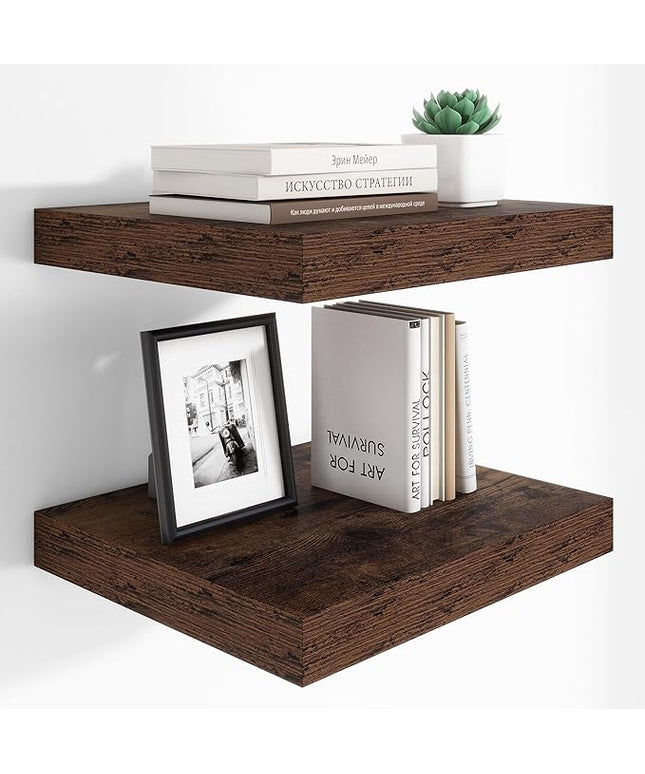 Heimlove 12 Inch Deep Floating Shelves, 16 x 12 inches Long Wall Shelf, Large Extra Display Shelf & Storage Shelf, Rustic Wood Wall Shelves for Fireplace Mantel, Brown - 2Pack
