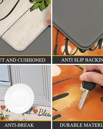 Pauwer Fall Pumpkin Kitchen Rugs Set of 2, Autumn Farmhouse Kitchen Floor Mat, Non Slip Anti Fatigue Kitchen Mats for Floor, Cushioned Kitchen Runner Rug Set Fall Harvest Thanksgiving Decor