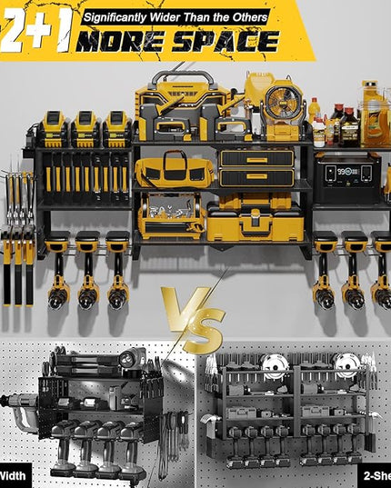 Power Tool Organizer Wall Mount with Charging Station, Expanded Width Power Tool Storage Rack, Large Tool Battery Organizer with Screwdriver/Hammer Heavy Duty Garage Storage