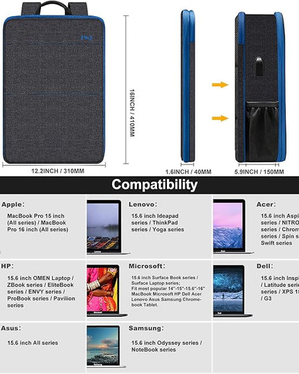 ZINZ Slim & Expandable Laptop Backpack 15 15.6 16 Inch Sleeve, Spill-Resistant Notebooks Bag Case for Most 14-16 Inch MacBooks Surface-Books Dell HP Lenovo Asus Computers,B01BL01