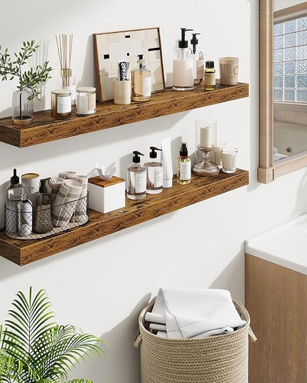 Fun Memories 40 Inch Floating Shelves, Long Wood Wall Shelf Set of 2 with Invisible Brackets, for Bathroom, Living Room, Bedroom, Kitchen, Rustic Brown