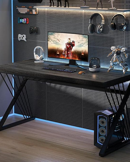 FOLUBAN Modern Home Office Desk, Rustic Wood and Metal Computer Desk, Writing Study Gaming Table PC Desks for Living Room Bedroom, Industrial Dark Gray, 53 inch