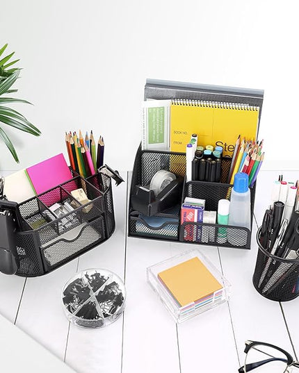 17 in 1 Black Desk Organizers and Accessories Set, 3 Office Desk Supplies Storage Organization, 4 Pens, Stapler, Staples & Remover, Tape & Dispenser, Scissors, Ruler, Clips, Hole Punch, Back to School