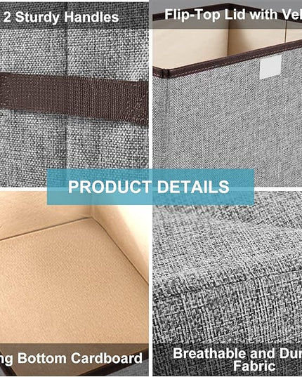 Linen Fabric Foldable Storage Cube Bin Organizer Basket with Flip-Top Lid & Handles, Large Clothes Blanket Box for Home, Office, Closet, Gray & Pink, 4 Pack 14.6 x 9.5 x 9.5”