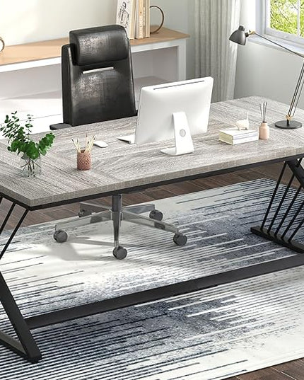 FOLUBAN 70.9" Industrial Computer Desk with Z-Shaped Legs, Modern Home Office Desk for 2 Person, Large Gaming Executive Workstation Study Table for Bedroom Writing, Light Grey