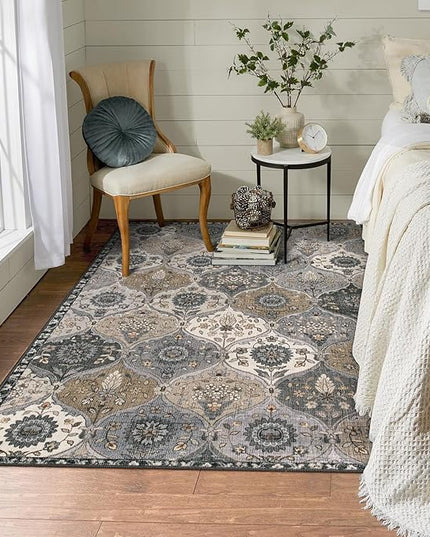 Lahome Moroccan Trellis Washable Area Rugs, 3x5 Rug for Bedroom Entryway Indoor Non-Slip, Small Oriental Accent Carpet for Living Room Kitchen Bathroom Office, Grey