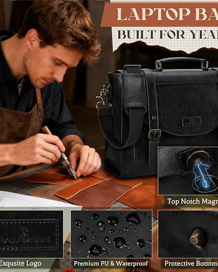 RAINSMORE Flap Messenger Bag for Men Vintage PU Leather Laptop Bag 15.6 Inch Retro Briefcase with Wallet Satchel Computer Bag