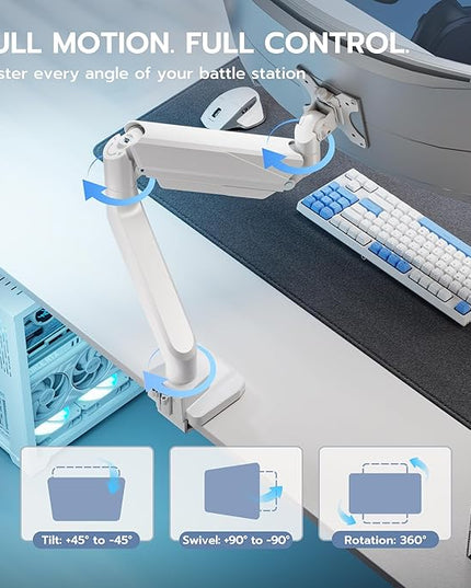 ARES WING Single Monitor Arm, Heavy Duty Adjustable Monitor Arm for 13"-49" Screens with USB, Gas Spring Desk Mount Stand with C Clamp/Grommet Mounting Base up to 40lbs Computer, White