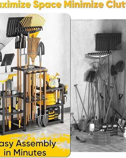 42" H Large Garden Tool Organizer, Holds Up to 86 Tools, Heavy Duty Yard Tool Organizer for Garage, 61“ Wide Lawn Freestanding Tool Storage Rack for Outdoor Shed Tool Rake, Shovel, Brooms