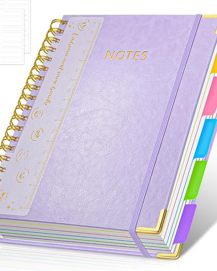Hardcover Spiral Notebook Journal, 8"x10" Large B5 Notebooks with Removable Dividers Tabs, 300 Pages Leather 5 Subject Notebook College Ruled, Journal for Work School Note, 100 GSM Thick Paper,Purple.