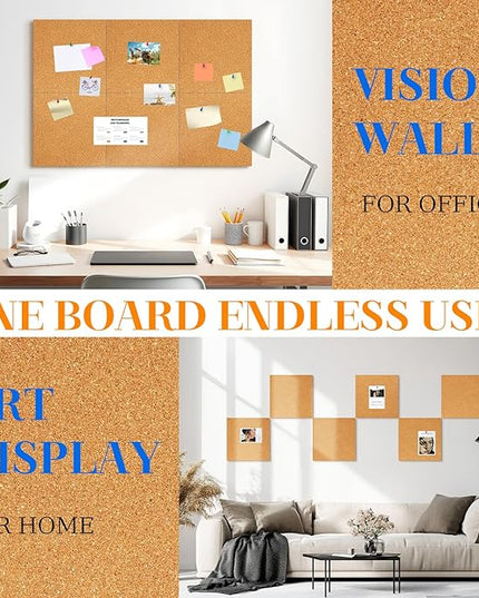 DOLLAR BOSS Cork Board Tiles, 6 Packs 12" x 12" 1/2" Thick Cork Bulletin Board Self Adhesive Corkboards for Walls with 60 Pushpins for Home Office Kitchen School Decor Display