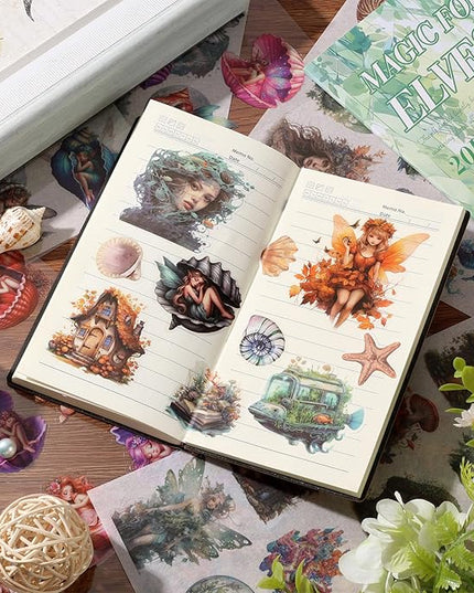 Auguro Scrapbook Fantasy Stickers 20 Sheets 240 Pre-Cut Washi Stickers for Journaling PET Transparent Fairy Sticker Decorative or DIY Paper Crafts, Arts and Crafting Projects