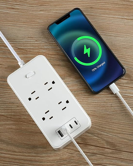 10FT Power Strip Extension Cord Surge Protector with 8 Outlets and 2 USB & 2 USB-C Port(5V 3.1A),Bold Extension Cord with Fuse Surge Protected Power Strip for Home Office (White)