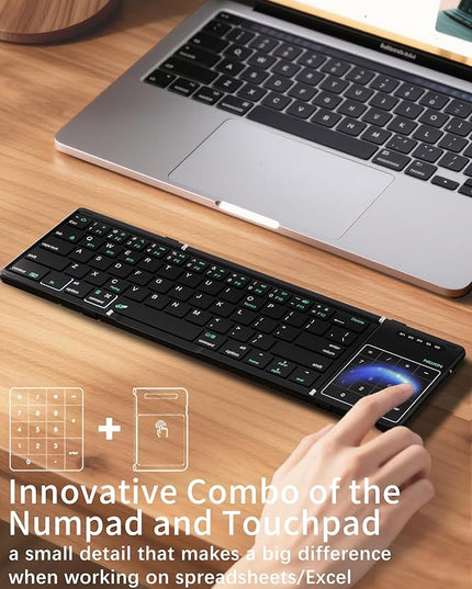 Nillkin Upgraded Foldable Bluetooth Keyboard with Touchpad & Number Pad, Portable Wireless Keyboard for Travel, Pocket-Sized, Full Size Keys, Support 3 Devices for iPad Laptop Tablets Phone, Black