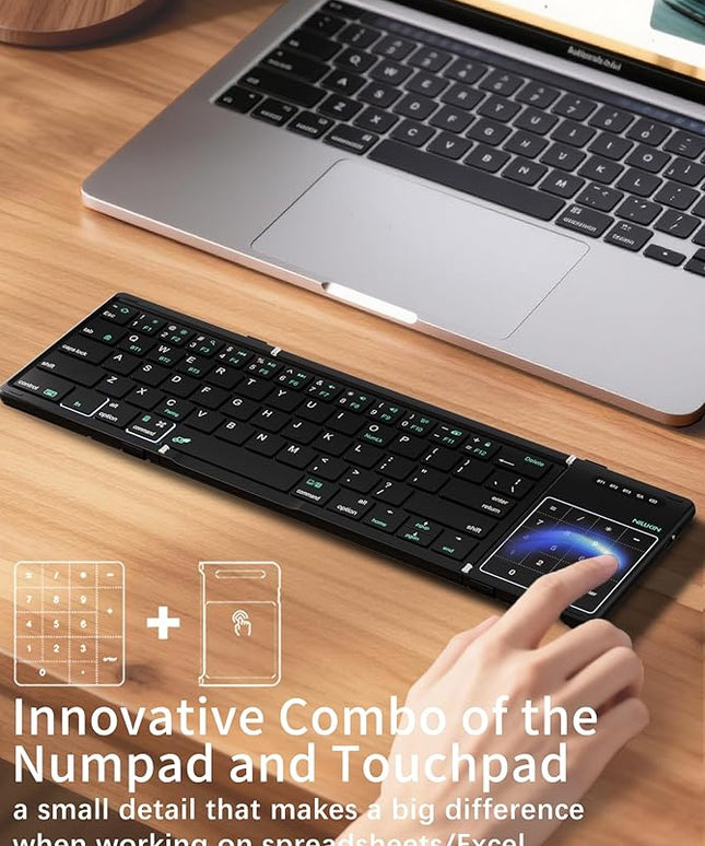 Nillkin Upgraded Foldable Bluetooth Keyboard with Touchpad & Number Pad, Portable Wireless Keyboard for Travel, Pocket-Sized, Full Size Keys, Support 3 Devices for iPad Laptop Tablets Phone, Black
