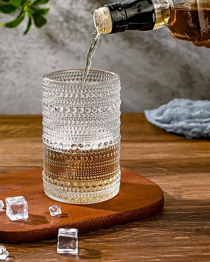 Vintage Glassware Drinking Glasses Set of 6,15 oz Hobnail Glass Cups,Embossed Clear Water Tumbler,for Beer,Cocktail,Whiskey,Juice and Various Mixed Drinks- 1 Cleaning Brush