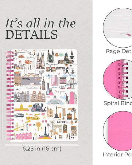 Steel Mill & Co Cute Mini Spiral Notebook, 8.25" x 6.25" Journal with Durable Hardcover and 160 Lined Pages, Travel Icons