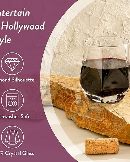 Hexagon Stemless Wine Glasses Set of 6 – Elegant 10.5 oz, Durable, Dishwasher Safe, Spill-Proof Design, Perfect for Wine, Cocktails, Whiskey, Everyday Use, Dinner Parties, and Entertaining, Giftable
