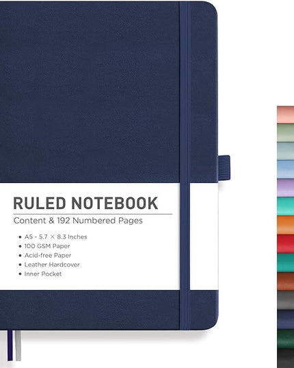 RETTACY Lined Journal Notebook, 192 Numbered Pages, A5 Medium Size (5.7'' x 8.3''), for Men & Women, Journaling, Writing, Work & Office, Leather Hardcover, 100 GSM Thick Paper (Navy Blue)