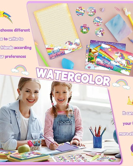 TaoBary 160 Pcs Stationery Paper Set 50 Double Sided Stationery Papers with 50 Matching Envelopes and 60 Round Dot Sticker, 10 Design(Unicorn,8.5 x 11 Inch)